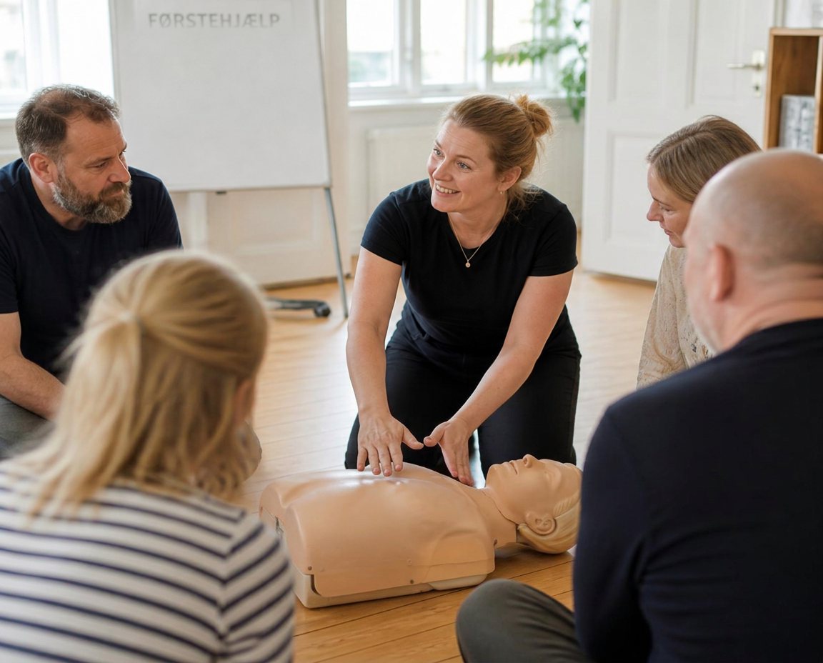 Instruktør underviser en gruppe kursister i hjerte-lunge-redning på øvelsesdukke